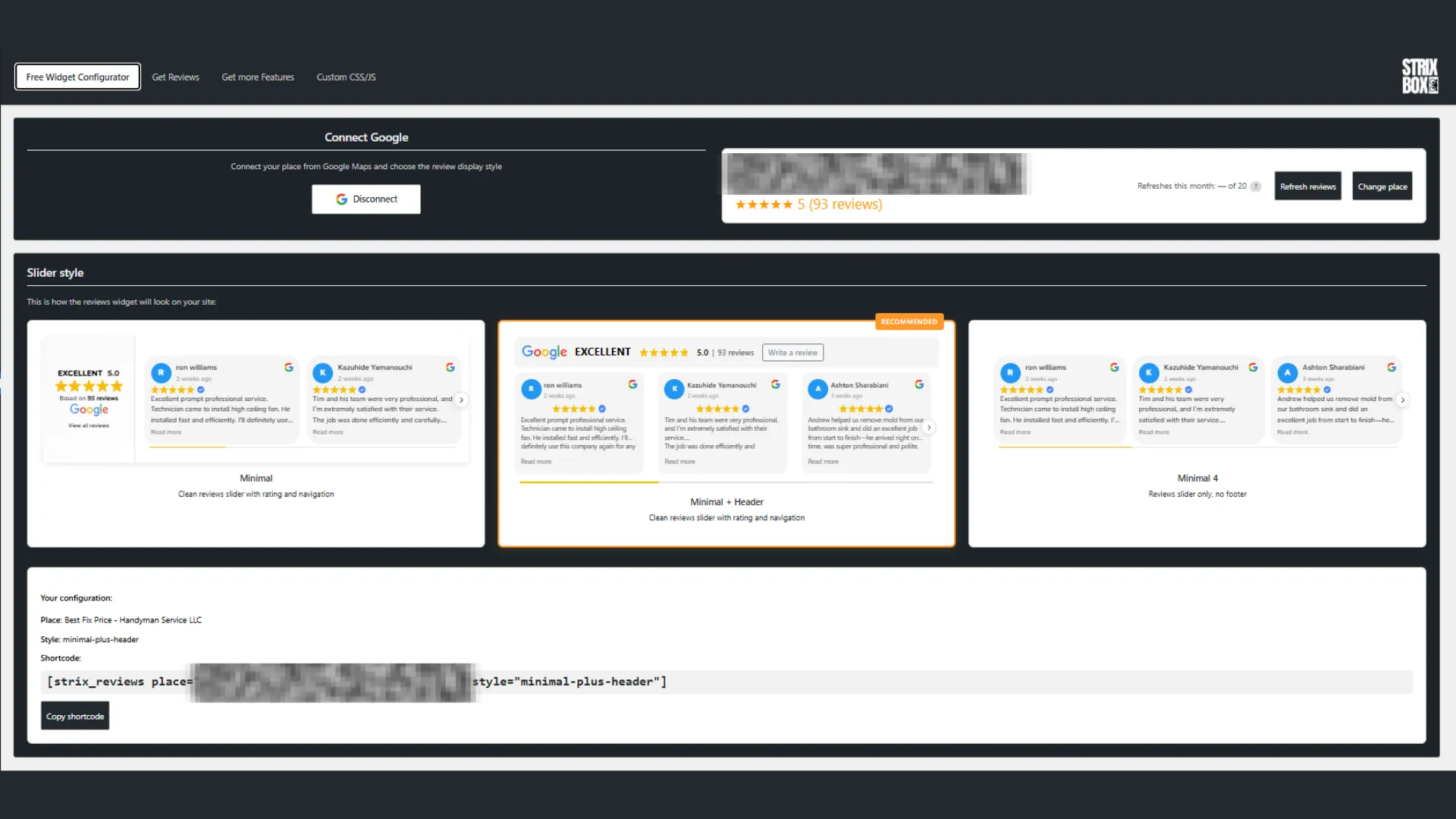 Strix Google Reviews widget preview